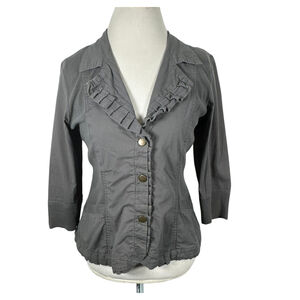 XCVI Gray Snap Up Jacket Twill Rib Stretch Panels Ruffle Trim Chic Comfy Size L